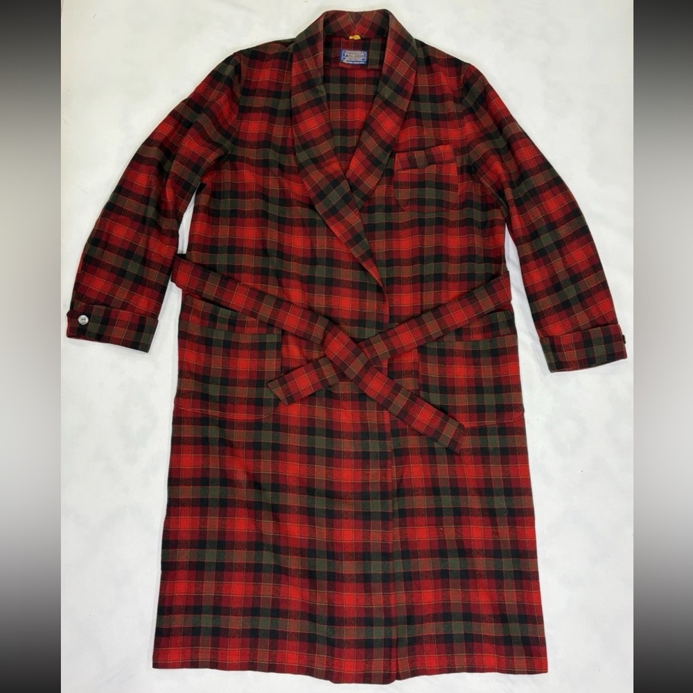 🏆Vintage Pendleton Wool Robe Women’s L Red Green Plaid Belted Overcoat Christmas